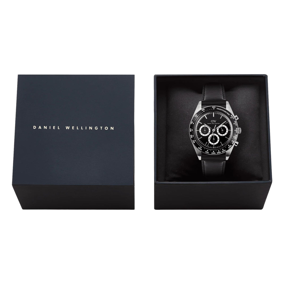 Daniel Wellington Iconic Tachymeter 42mm Chronograph Black Dial Leather Mens Quartz Watch DW00100950