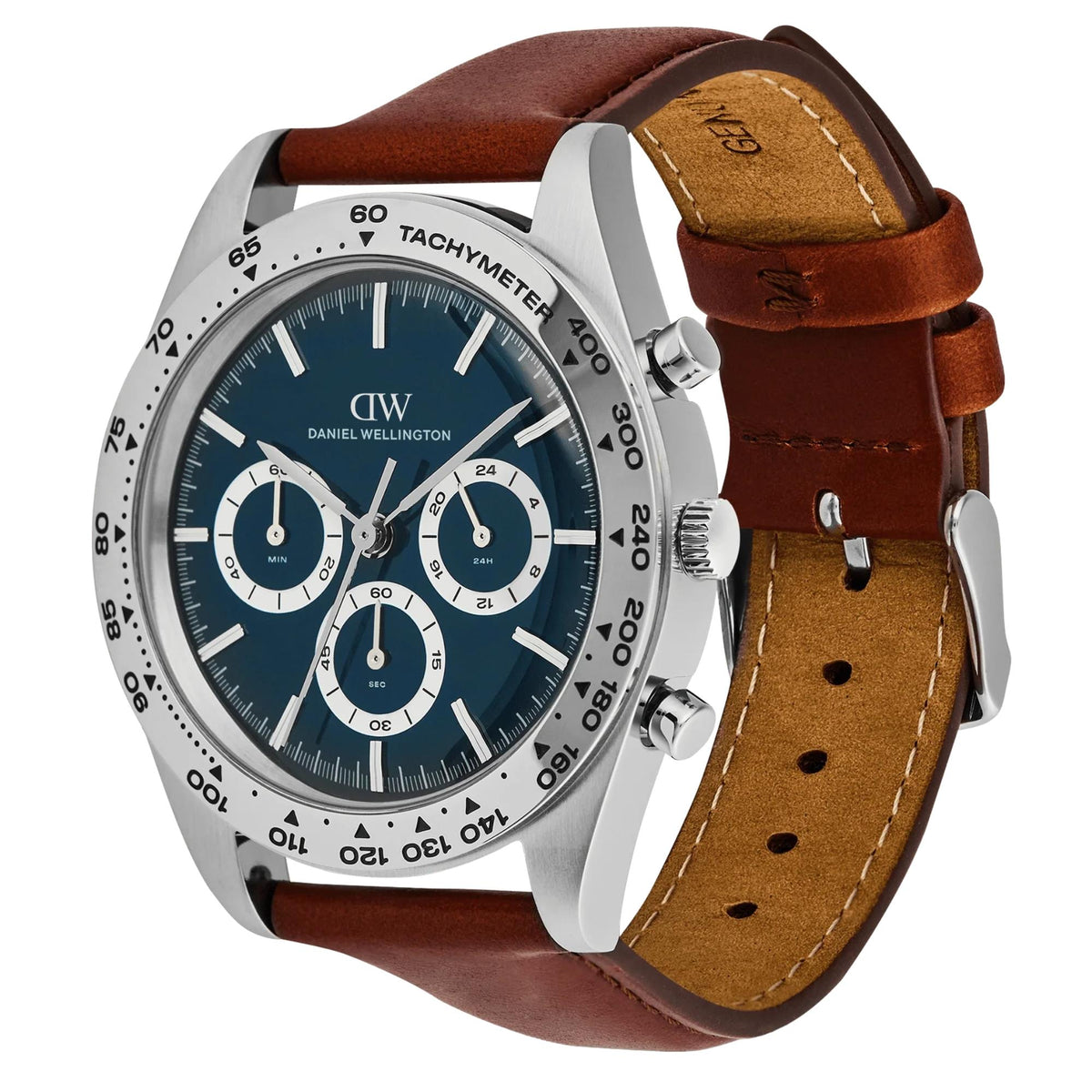 Daniel Wellington Iconic Tachymeter 42mm Chronograph Blue Dial Leather Mens Quartz Watch DW00100952