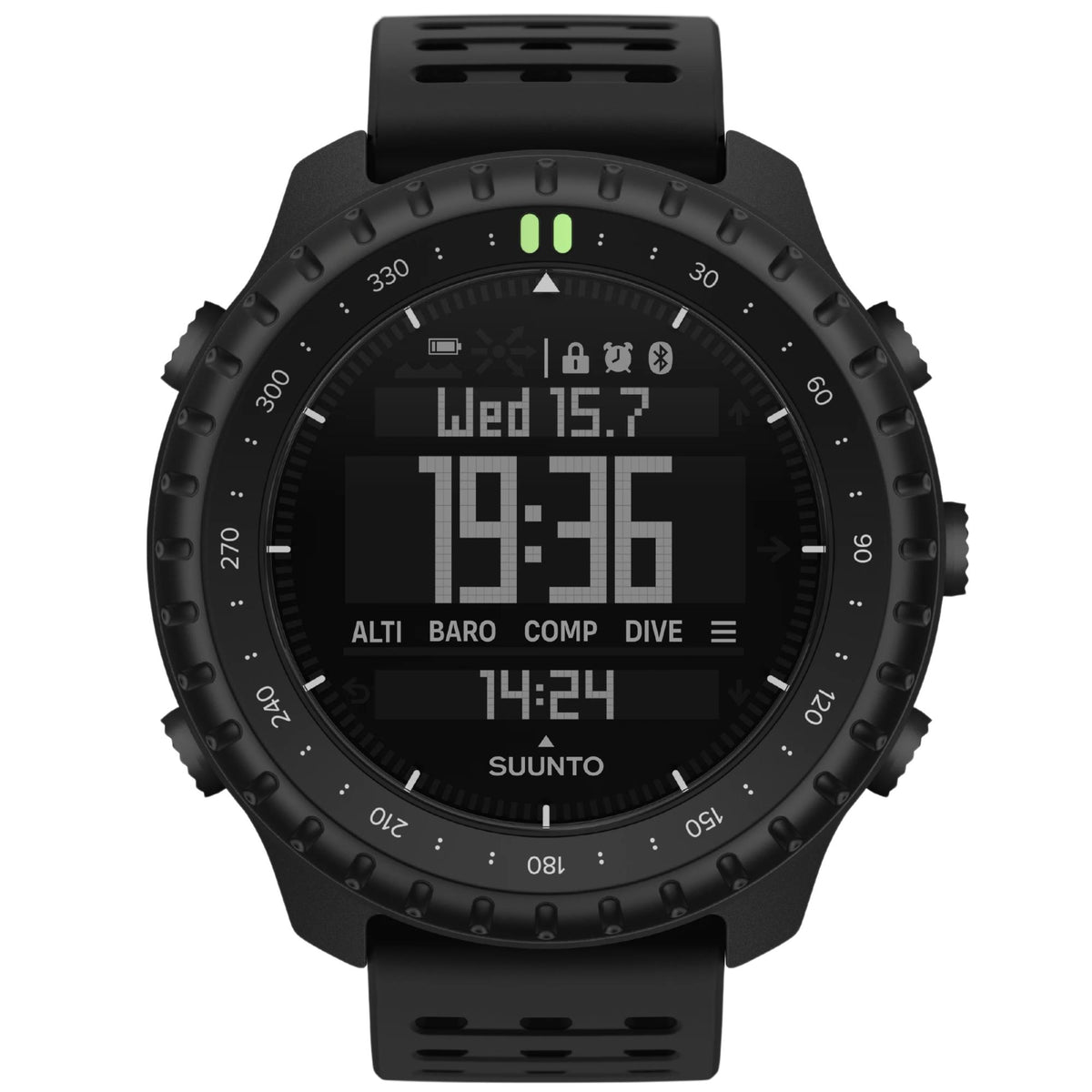 Suunto Core SS051780000 front view displaying digital screen, compass bezel, and silicone strap