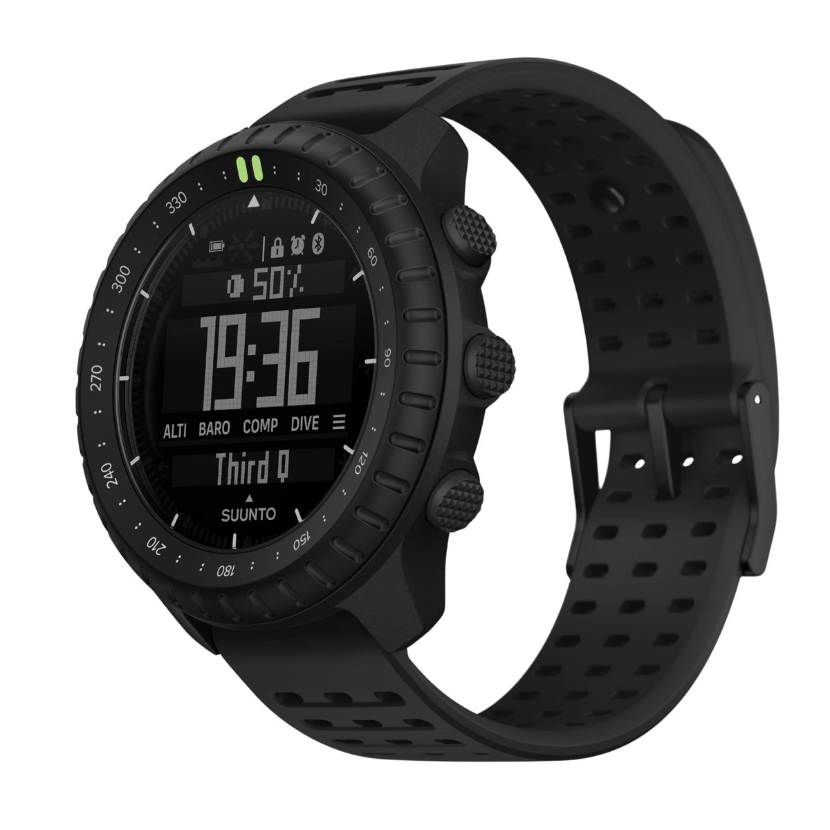 Suunto Core SS051780000 side view showing digital display, push buttons, and silicone strap