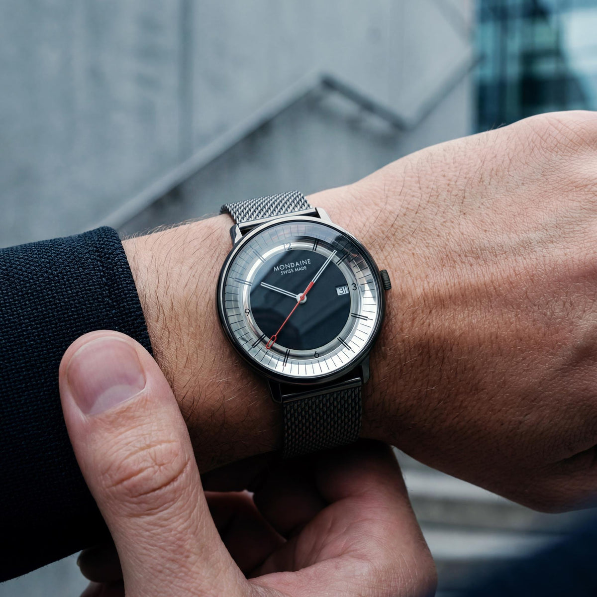 Mondaine Doppio Mirror 41mm Limited Edition Black Dial Steel Mens Quartz Watch MLE.41280.SM