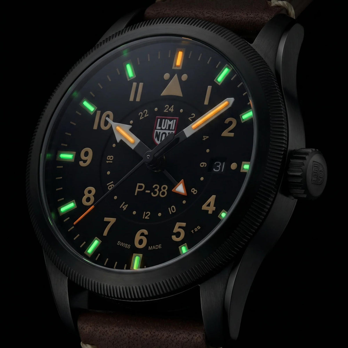 Luminox P-38 Lightning 'Air Pilot' 42mm GMT Black Dial Leather Mens Quartz Watch XA.9526