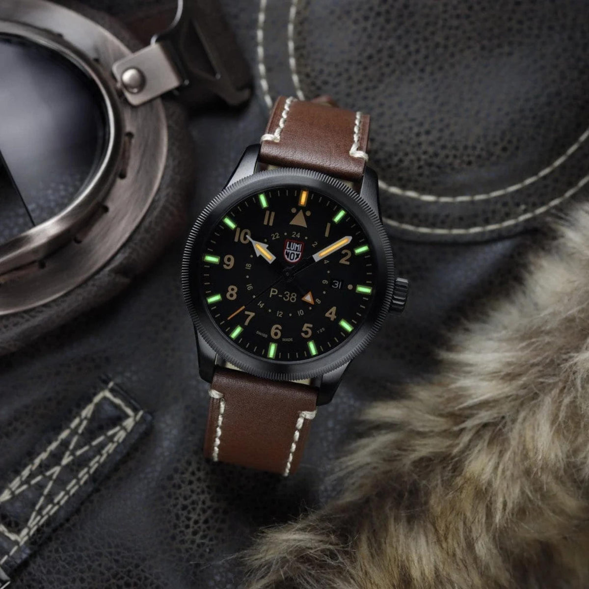 Luminox P-38 Lightning 'Air Pilot' 42mm GMT Black Dial Leather Mens Quartz Watch XA.9526