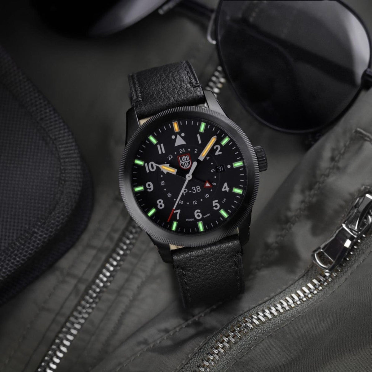 Luminox P-38 Lightning 'Air Pilot' 42mm GMT Black Dial Leather Mens Quartz Watch XA.9531