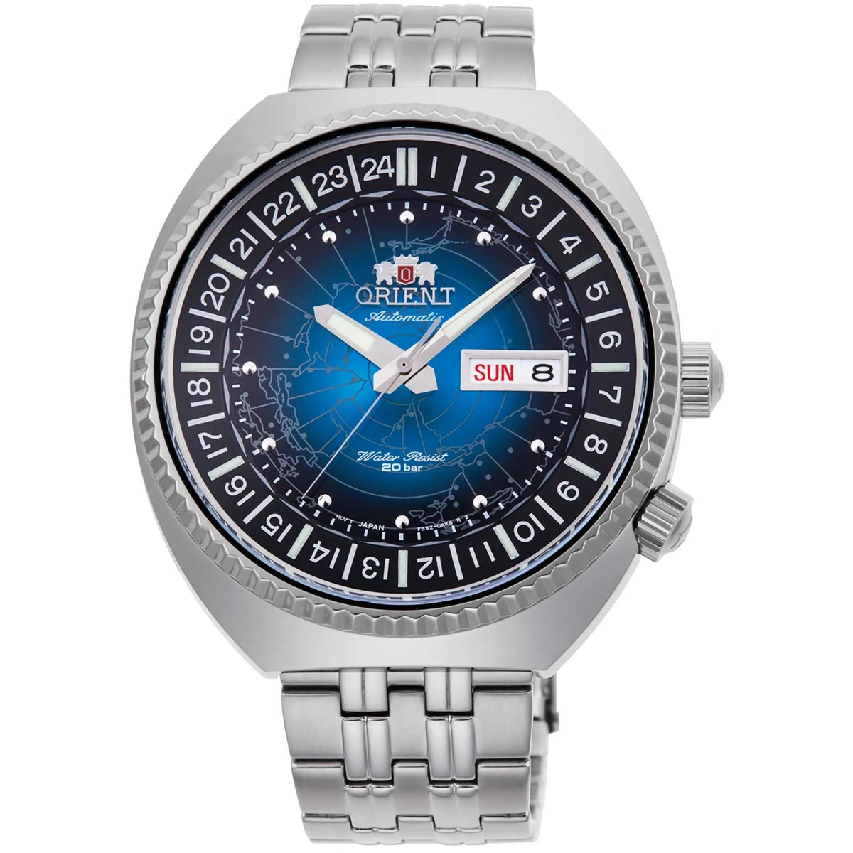 Orient World Map 43.5mm Blue Dial Steel Mens Automatic Watch RA-AA0E03L39B