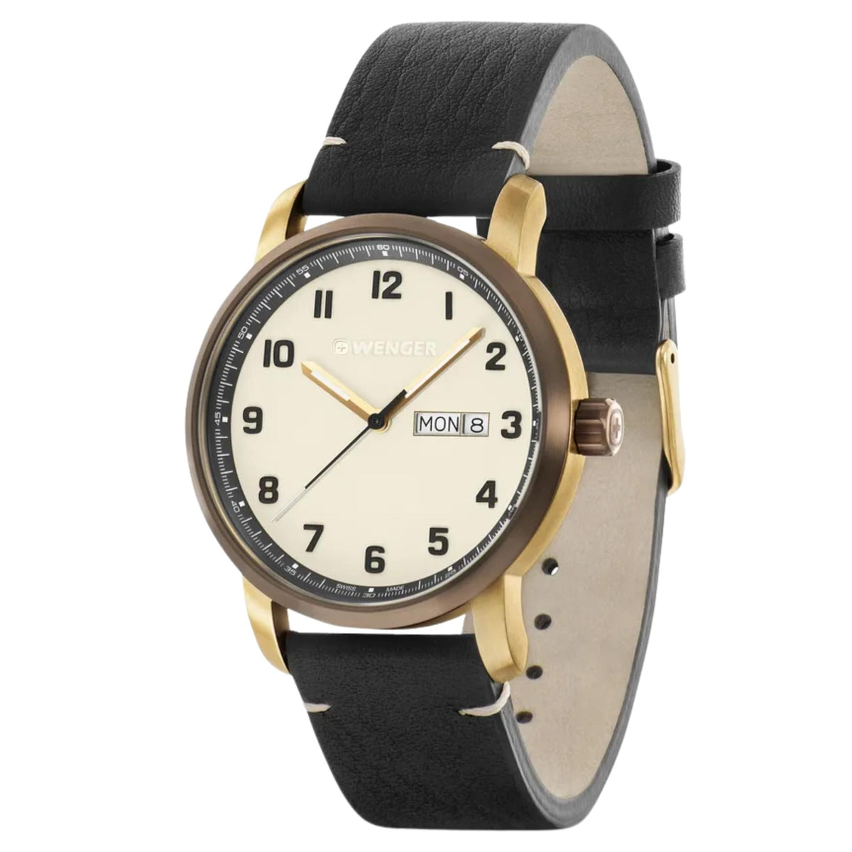 Wenger Attitude 42mm Cream Dial Yellow Gold-Tone Steel Leather Mens Quartz Watch 01.1541.124