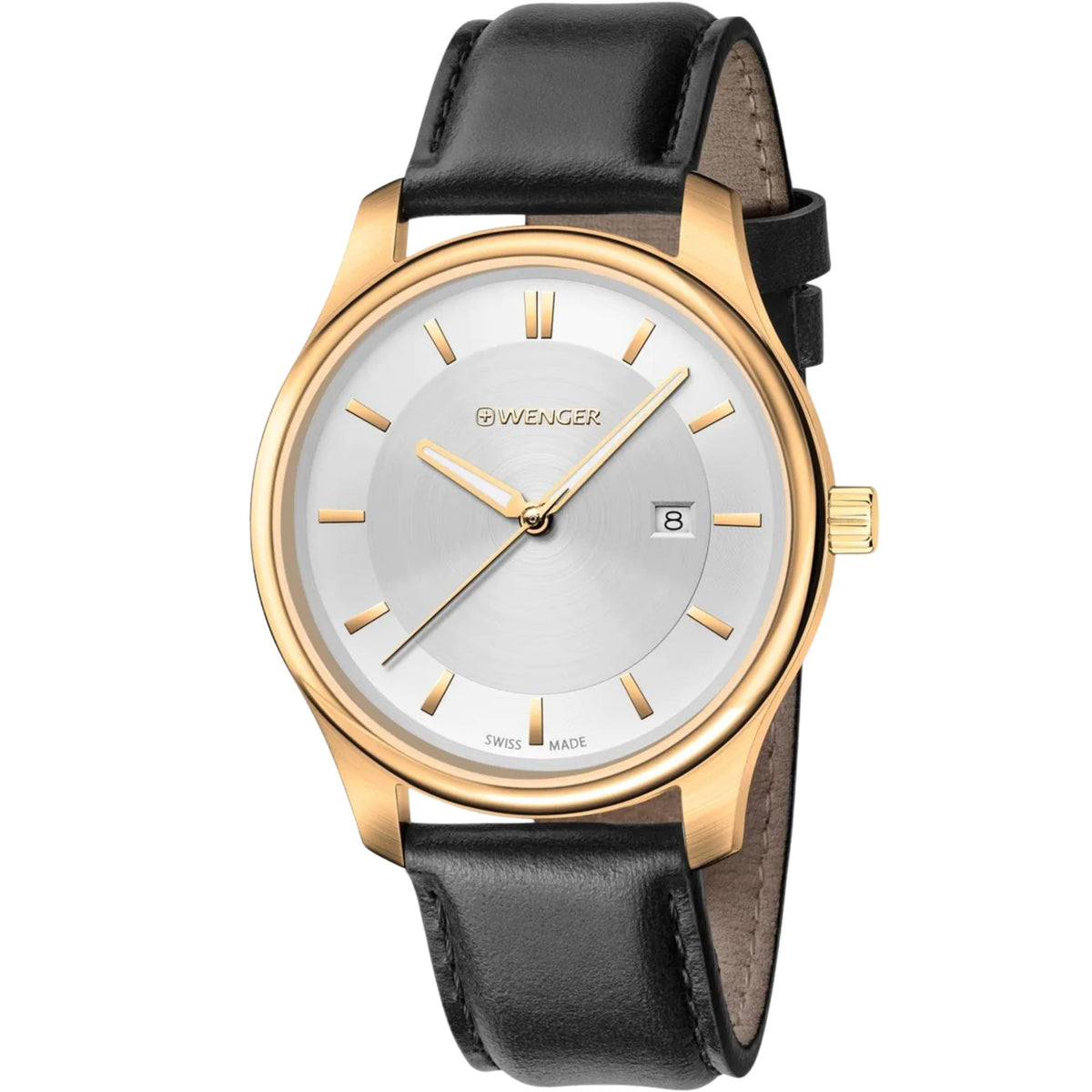Wenger City Classic 34mm Silver Dial Yellow Gold-Tone Steel Leather Ladies Quartz Watch 01.1421.101