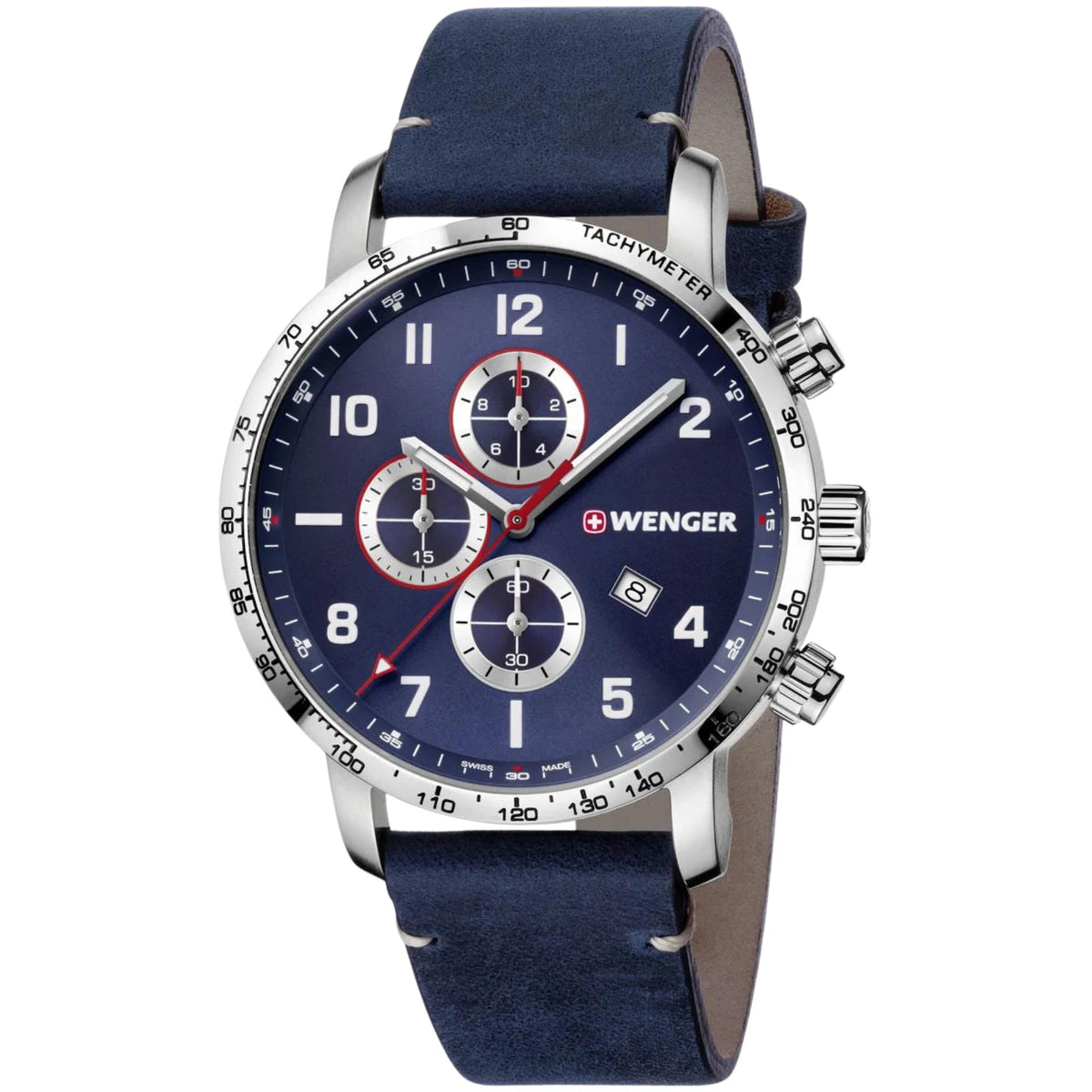 Wenger Attitude 44mm Chronograph Blue Dial Leather Mens Quartz Watch 01.1543.109