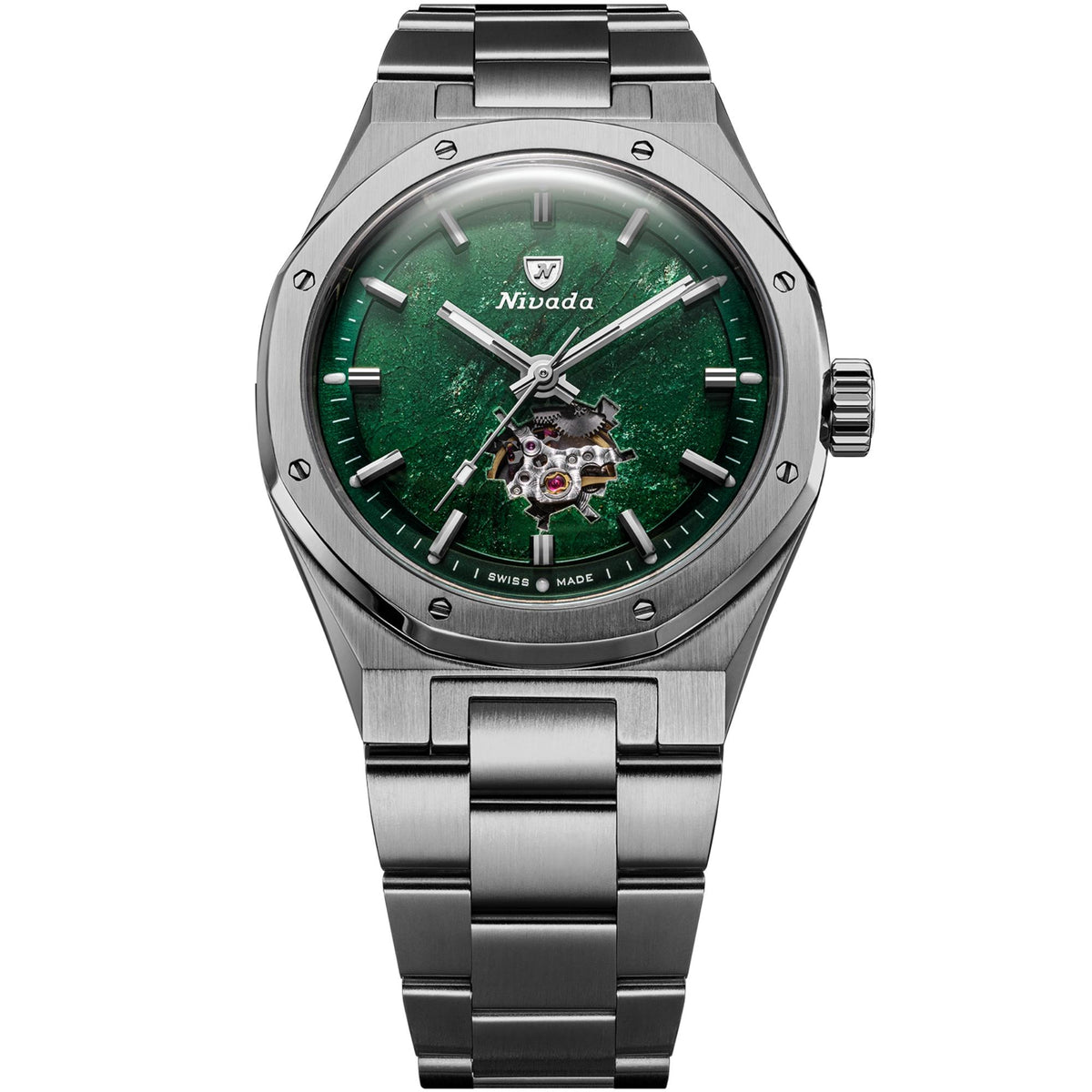 Nivada Grenchen F77 MK2 38mm Open Heart Aventurine Dial Titanium Mens Automatic Watch 68051A77