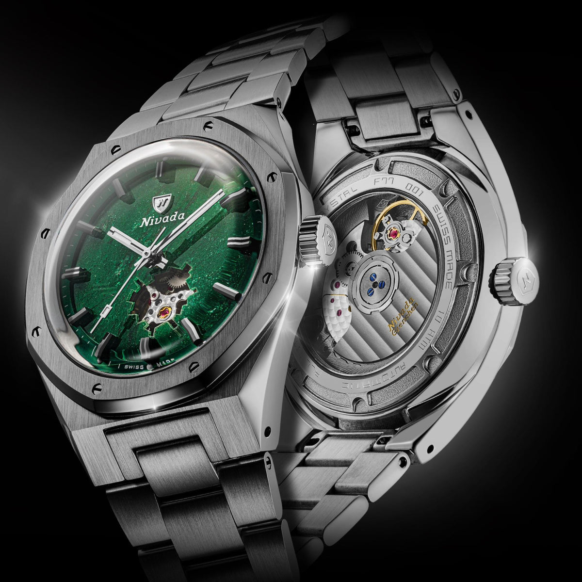 Nivada Grenchen F77 MK2 38mm Open Heart Aventurine Dial Titanium Mens Automatic Watch 68051A77