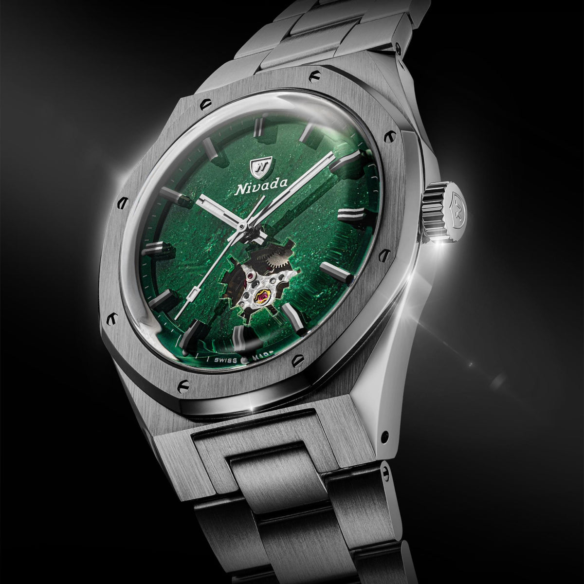 Nivada Grenchen F77 MK2 38mm Open Heart Aventurine Dial Titanium Mens Automatic Watch 68051A77
