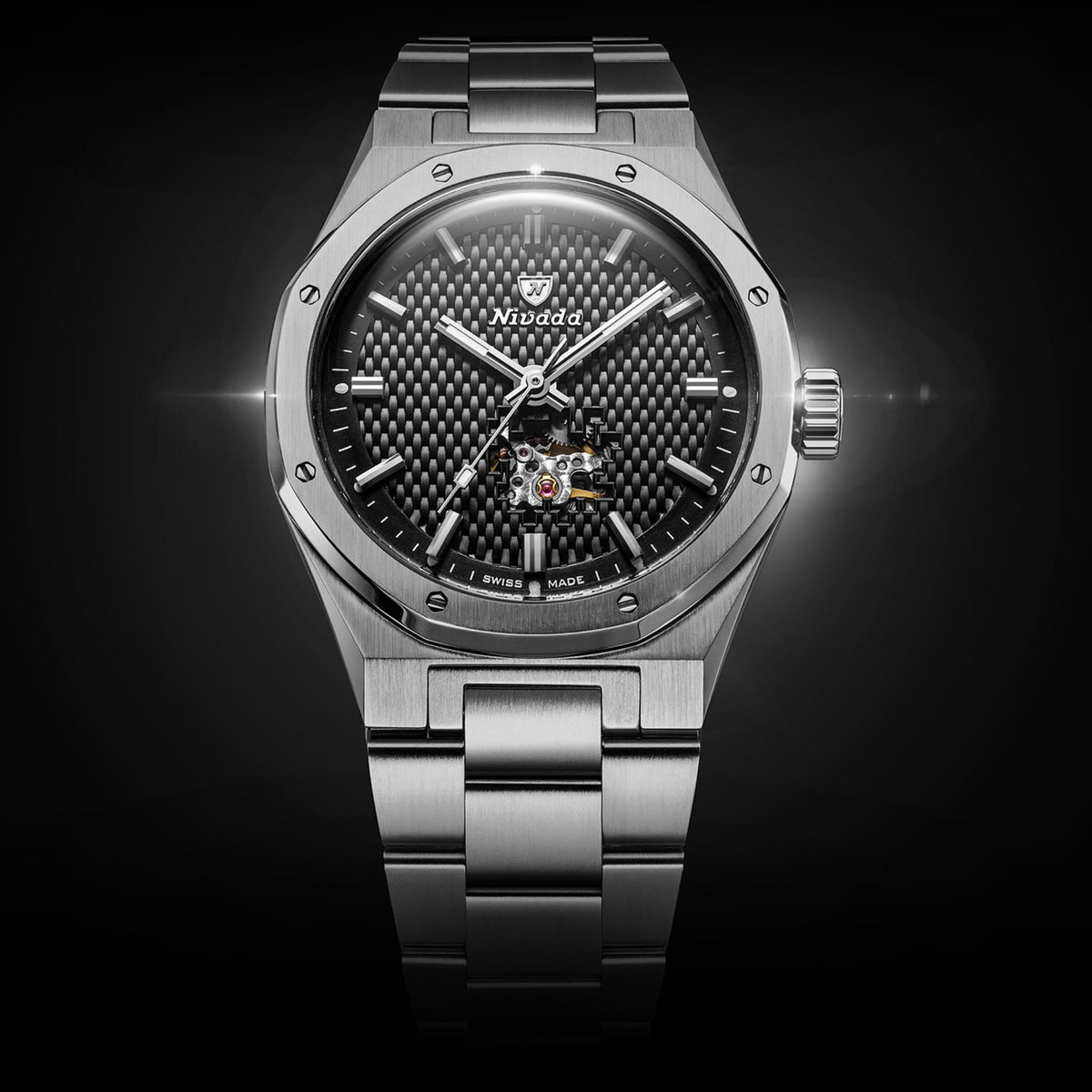 Nivada Grenchen F77 MK2 38mm Open Heart Black Tressed Dial Titanium Mens Automatic Watch 68023A77