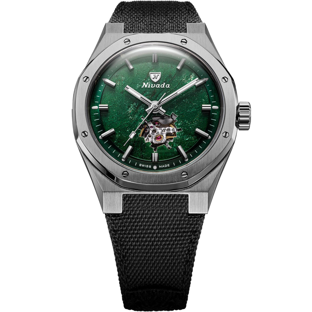 Nivada Grenchen F77 MK2 38mm Open Heart Aventurine Dial Titanium Canvas Mens Automatic Watch 68051A77-BC