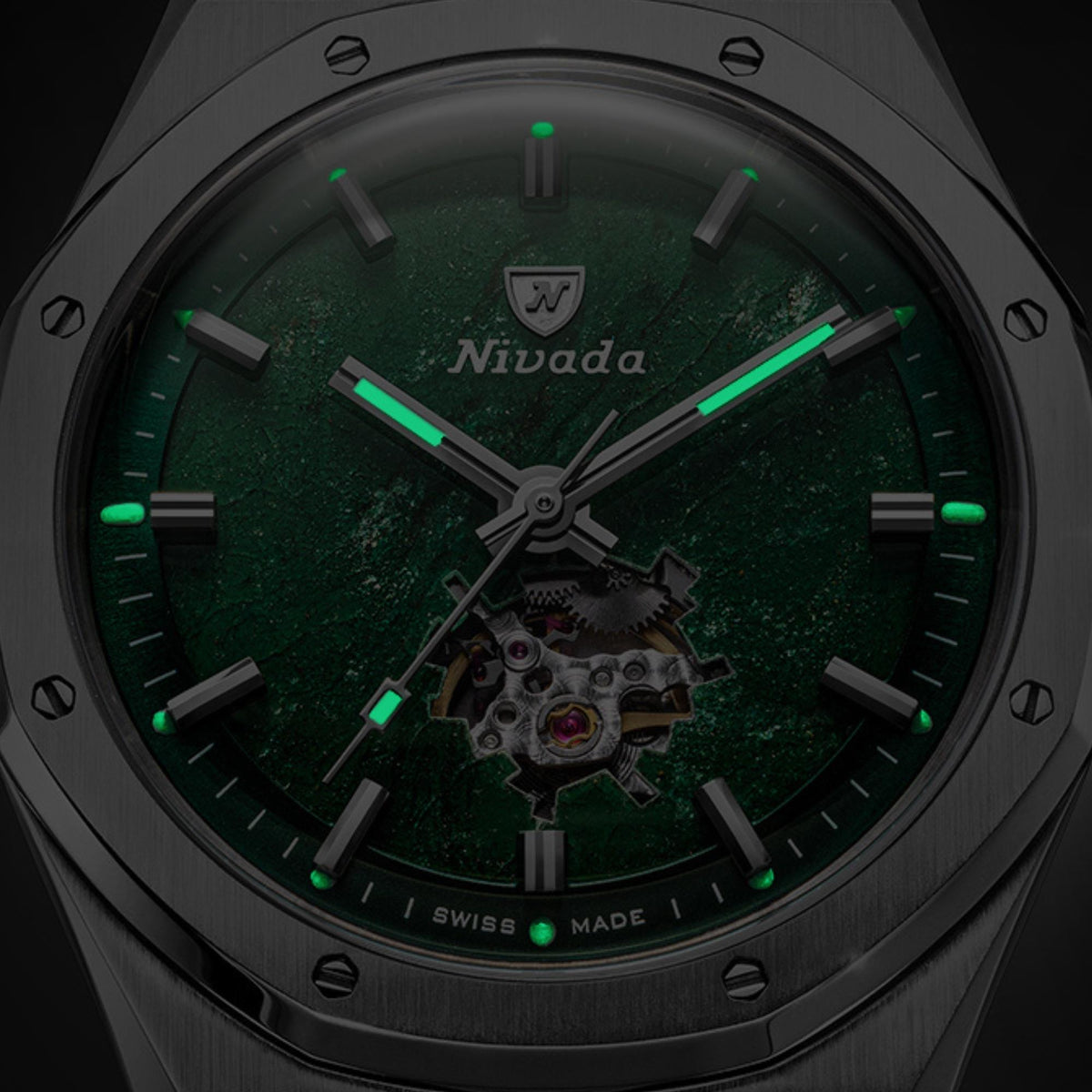 Nivada Grenchen F77 MK2 38mm Open Heart Aventurine Dial Titanium Canvas Mens Automatic Watch 68051A77-BC