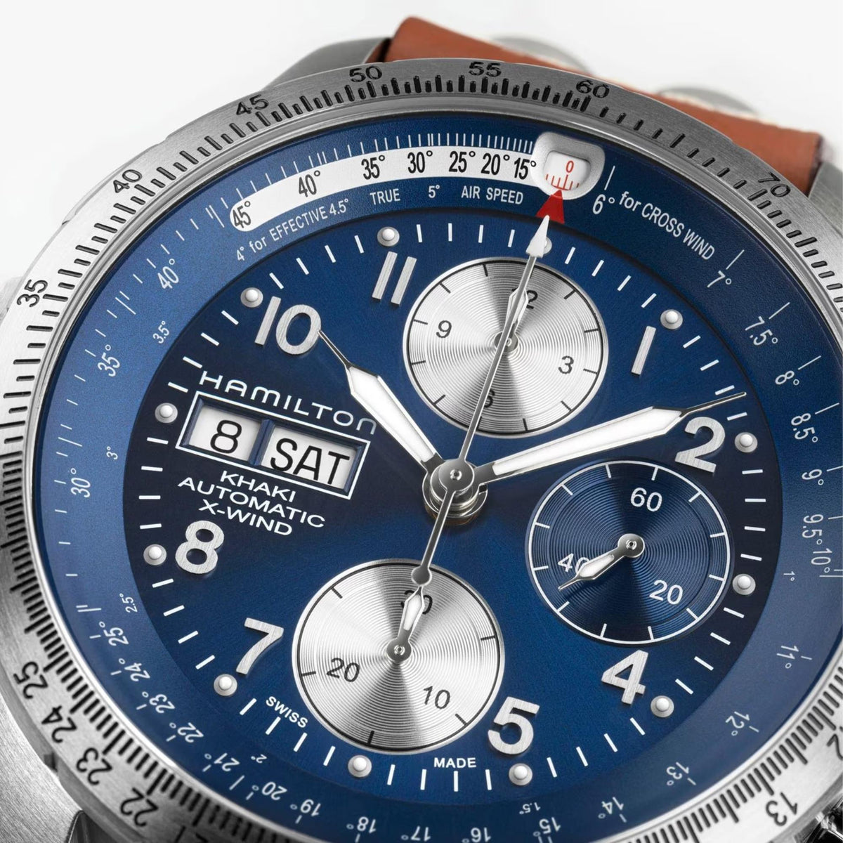Hamilton Khaki Aviation X-Wind 44mm Chronograph Blue Dial Leather Mens Automatic Watch H77506540