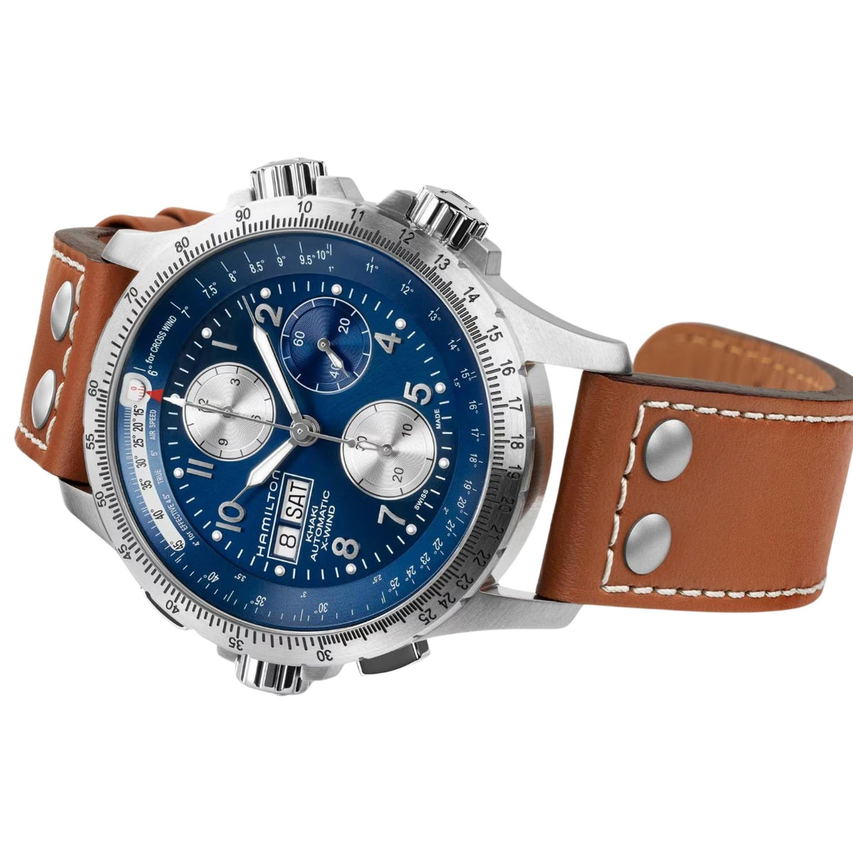 Hamilton Khaki Aviation X-Wind 44mm Chronograph Blue Dial Leather Mens Automatic Watch H77506540