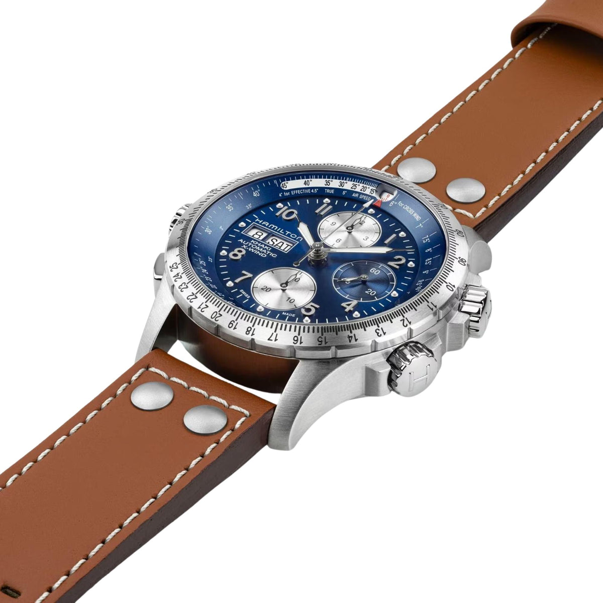 Hamilton Khaki Aviation X-Wind 44mm Chronograph Blue Dial Leather Mens Automatic Watch H77506540