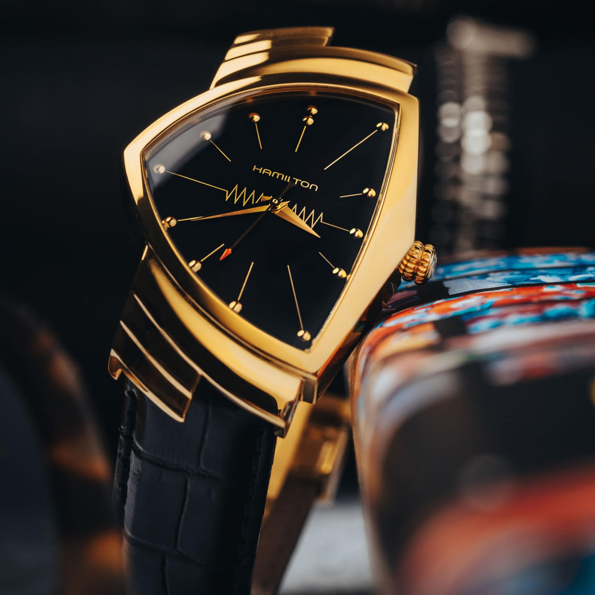Hamilton Ventura 32mm Black Dial Yellow Gold-Tone Steel Leather Mens Quartz Watch H24301731