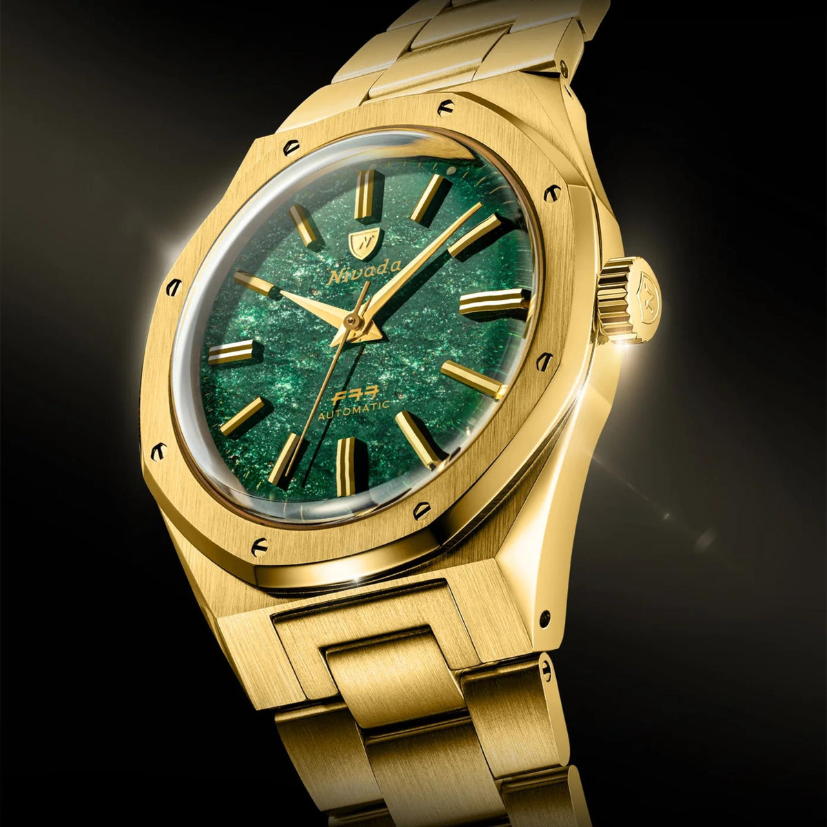 Nivada Grenchen F77 MK2 38mm Aventurine Dial Yellow Gold-Tone Steel Mens Automatic Watch 68069A77