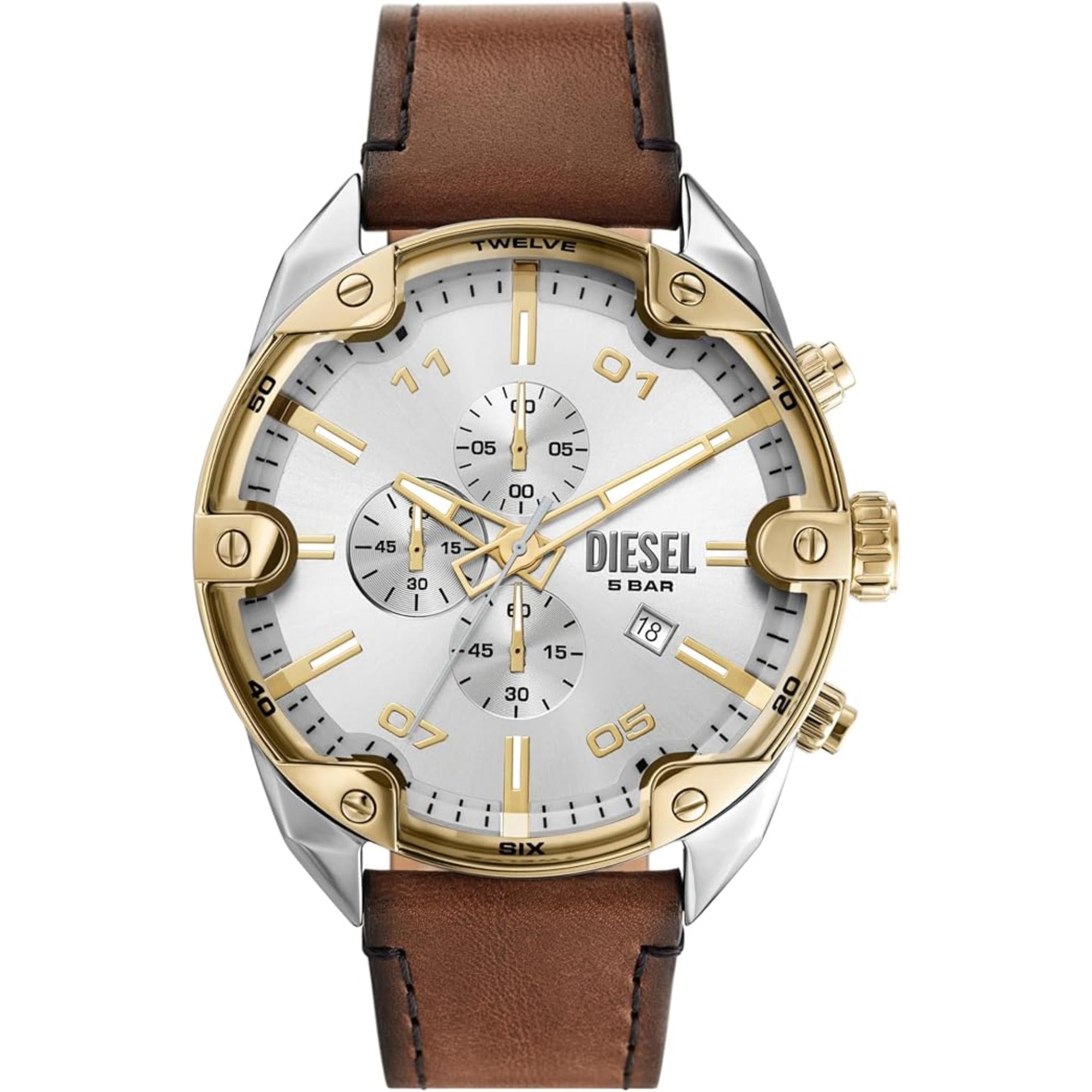 Diesel Spiked Chronograph Brown Leather Silver Dial Men's Watch DZ4665