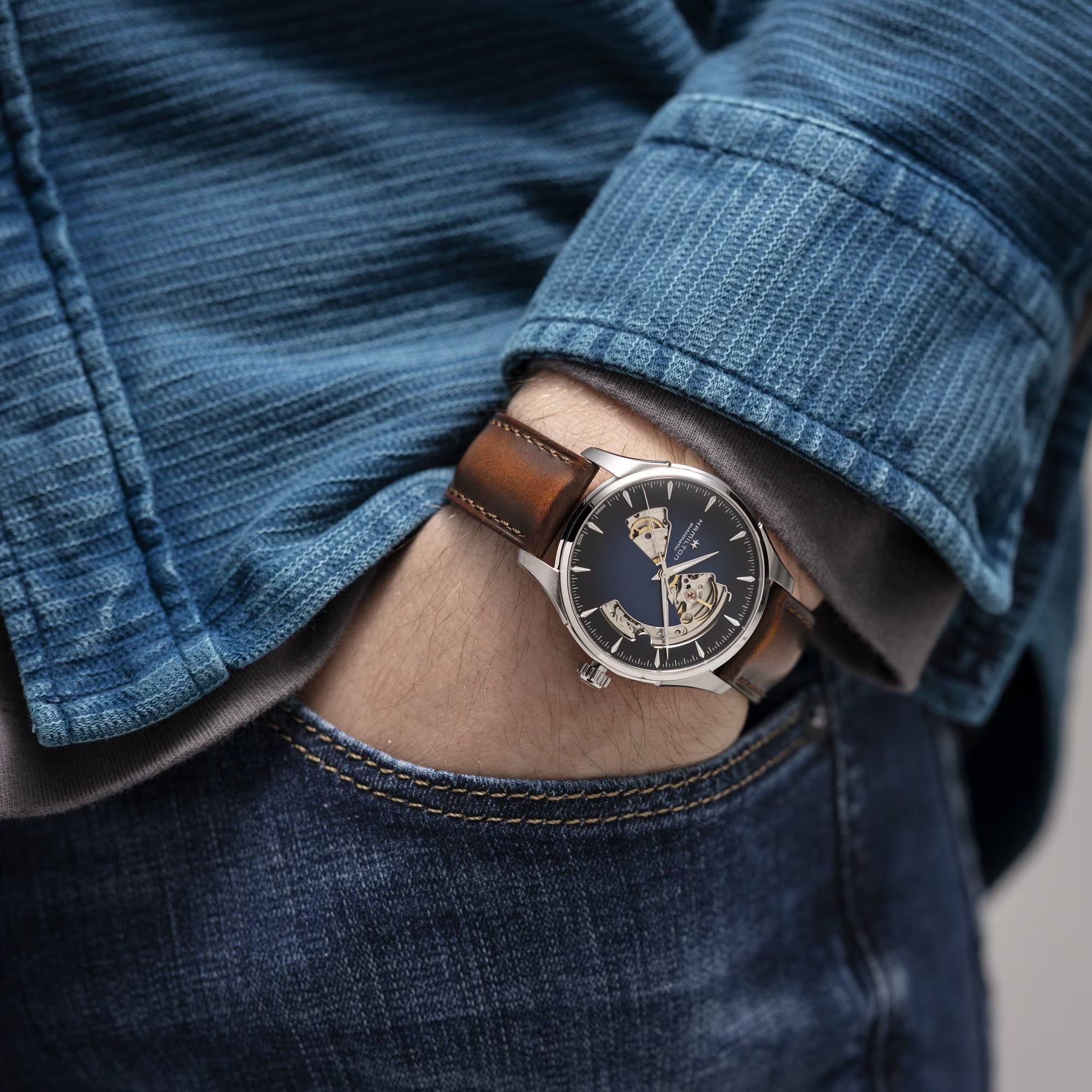 Hamilton Jazzmaster Open Heart Automatic Blue Dial Brown Leather Strap Men's Watch H32675540