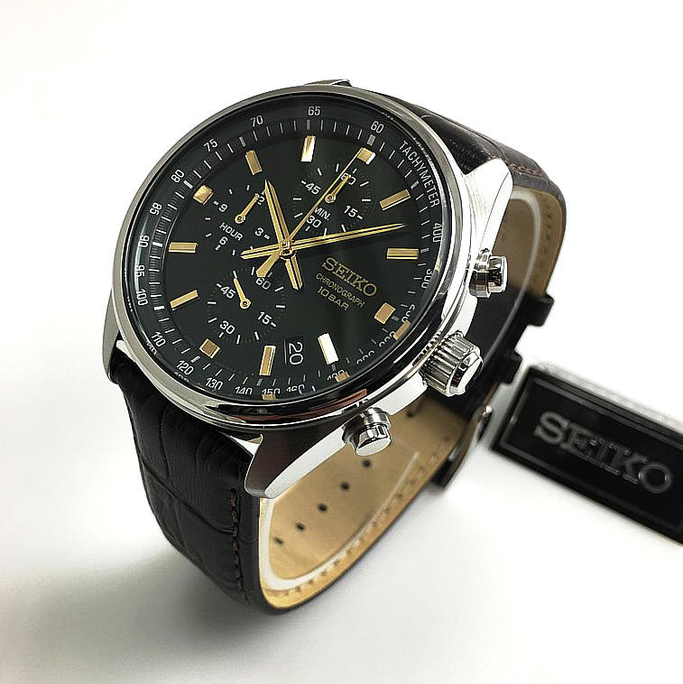 Seiko Conceptual Quartz Chronograph Green Sunburst Dial Brown Leather Strap Men's Watch SSB385P1
