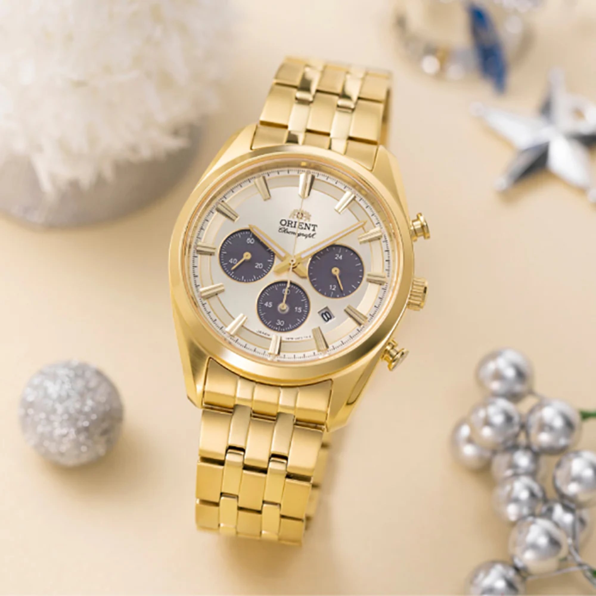 Orient Contemporary Stretto Date Solar Chronograph Champagne Dial Steel Strap Men’s Watch RA-TX0301G10B