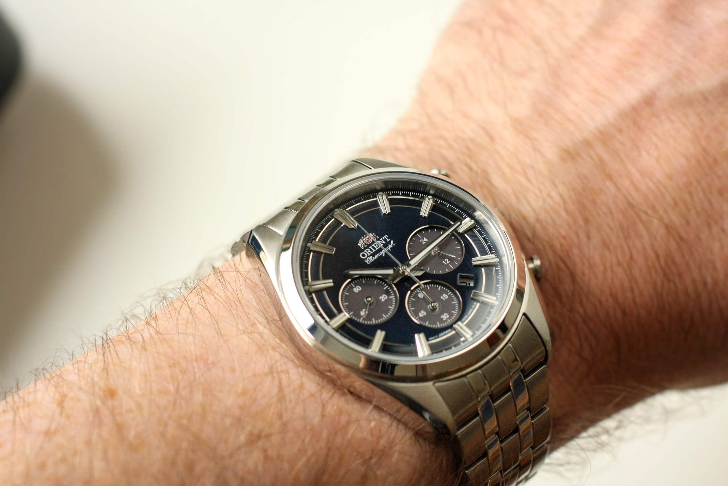Orient Contemporary Stretto Date Solar Chronograph Navy Dial Steel Strap Men’s Watch RA-TX0303L10B