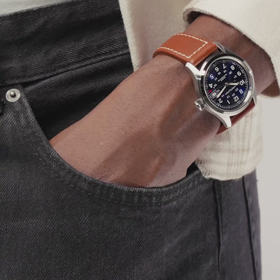 Hamilton Khaki Field 38mm blue dial leather watch worn on wrist