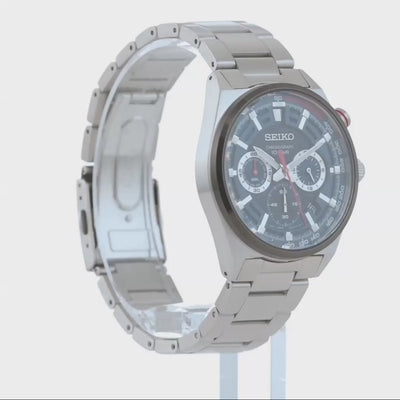 Seiko Essentials 41mm Chronograph blue dial tachymeter steel watch SSB407P1 front view