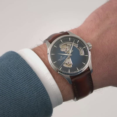 Hamilton Jazzmaster open heart blue dial leather with leather strap and pin buckle watch on wrist