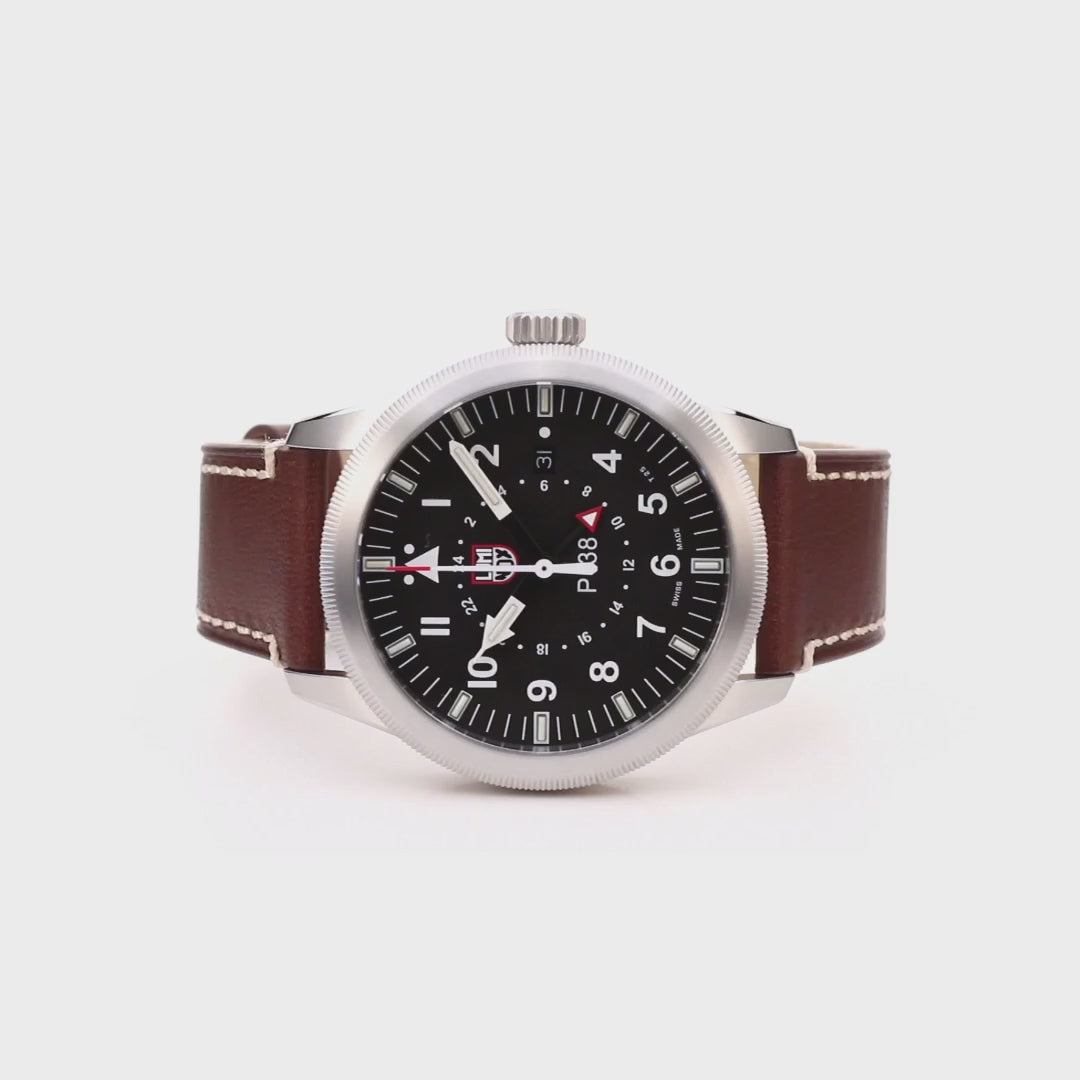 Luminox P-38 Lightning Air Pilot 9520 Series XA.9521 black dial aviator timepiece full front view centered on brown leather band