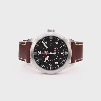 Luminox P-38 Lightning Air Pilot 9520 Series XA.9521 black dial aviator timepiece full front view centered on brown leather band