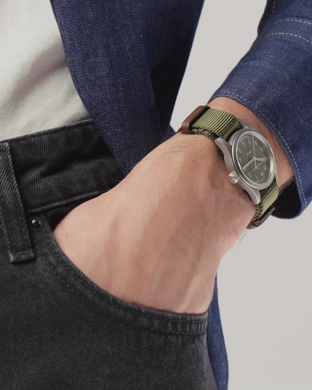 Hamilton Khaki Field quartz H69301960 green dial watch on wrist