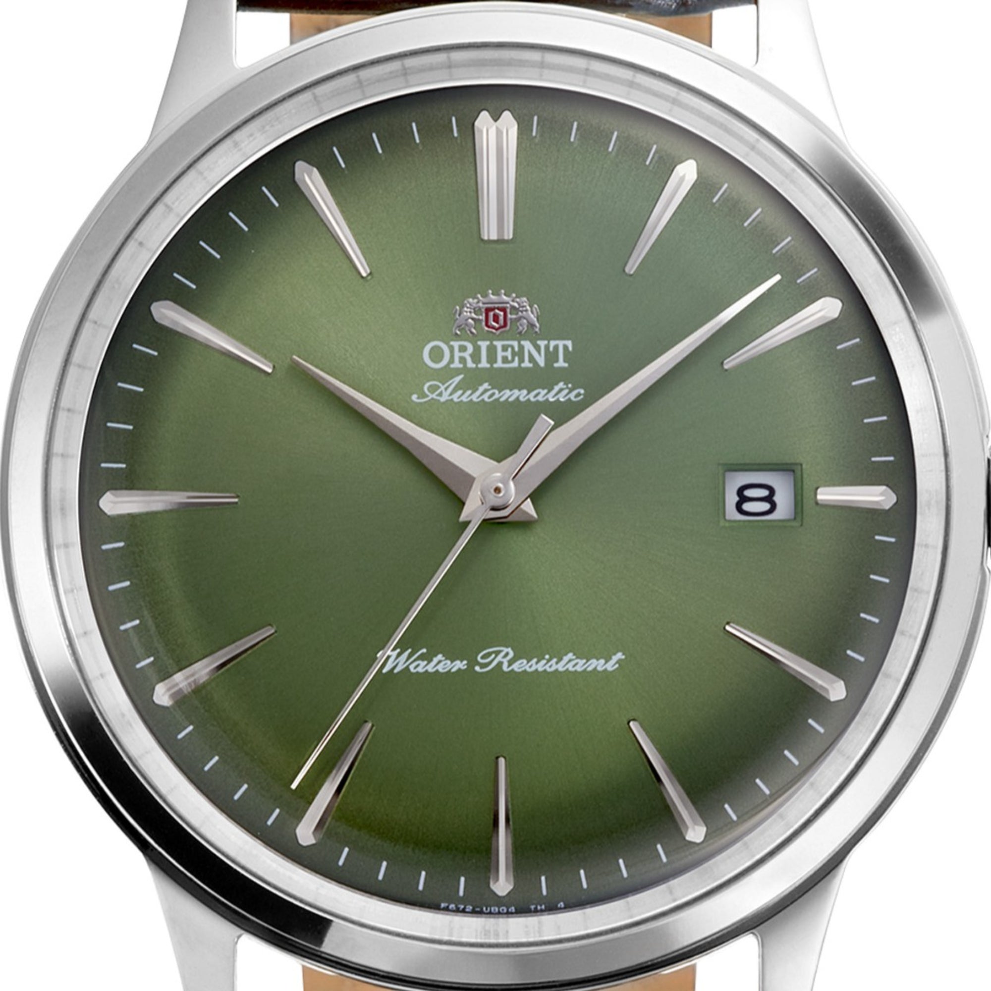 Orient Bambino RA-AC0029E30B green dial with date display close-up