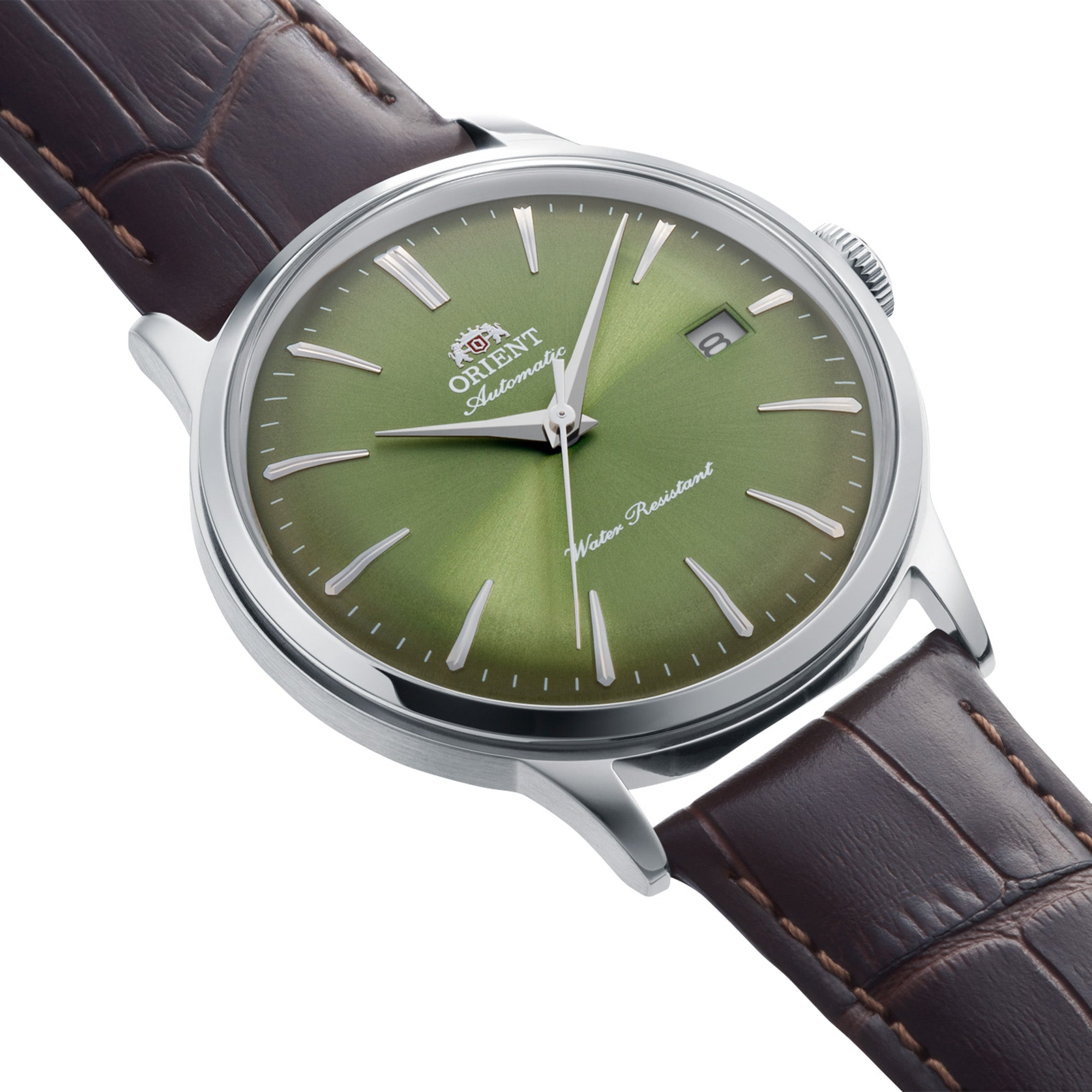 Green sunburst dial Orient Bambino watch with a brown leather strap