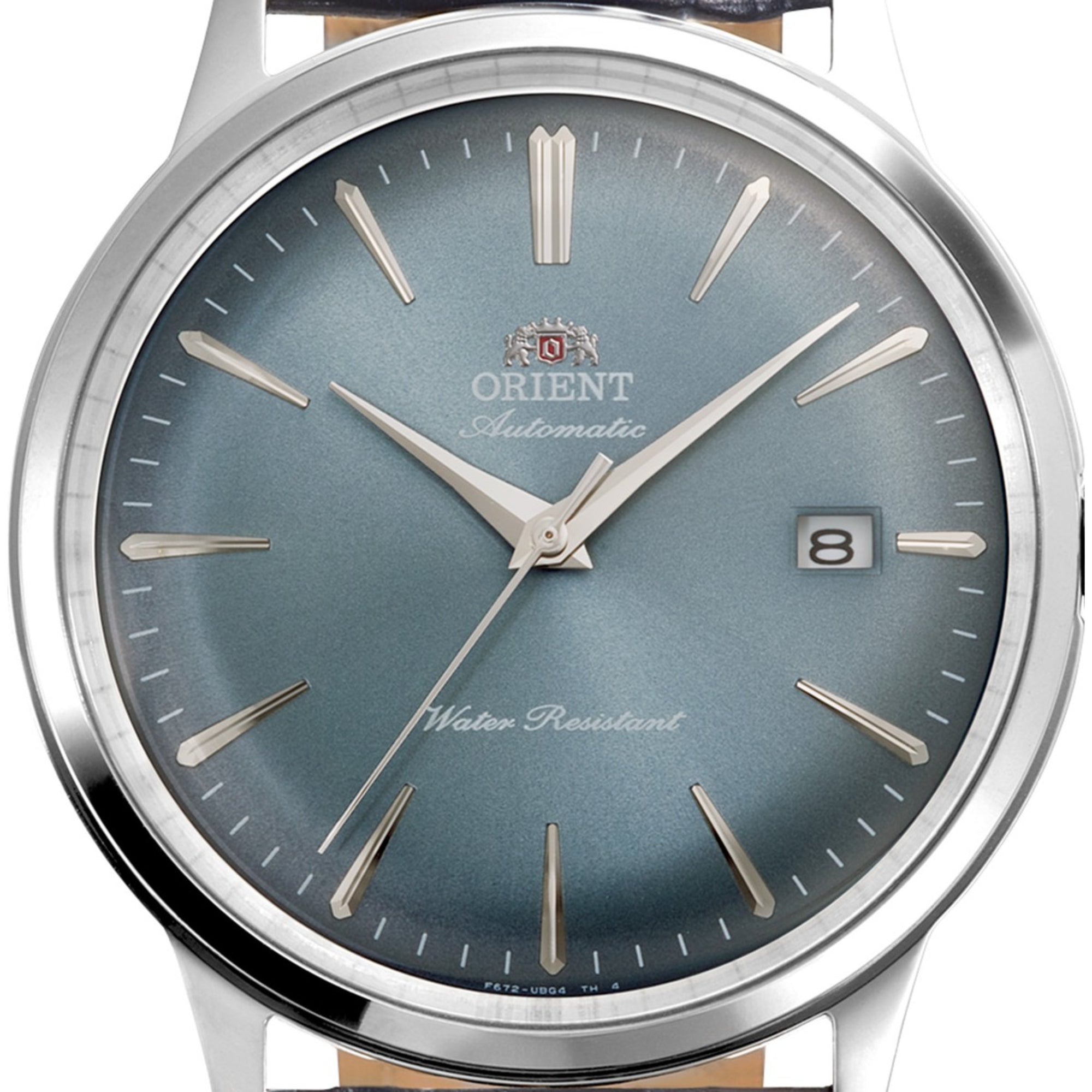 Orient Bambino RA-AC0030L30B blue dial with date display close-up