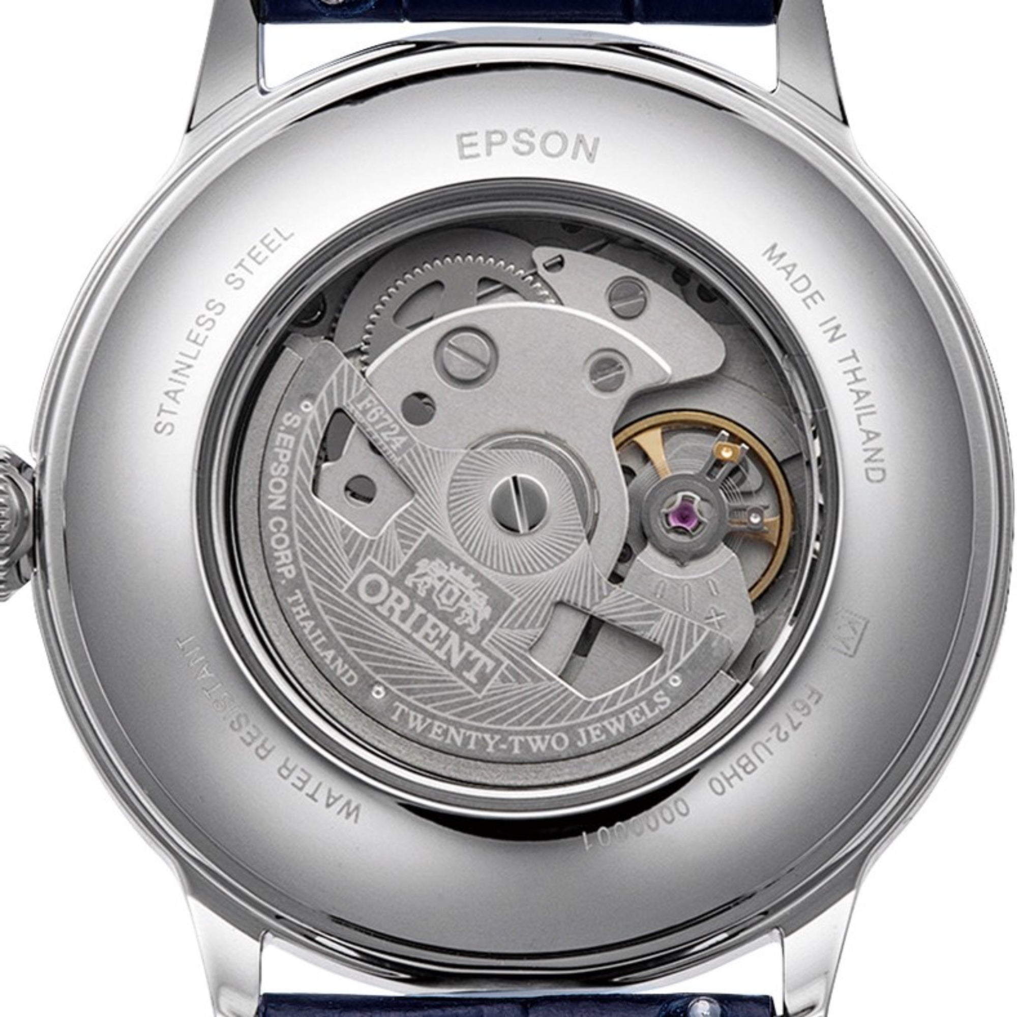 Exhibition caseback of an Orient Bambino automatic watch revealing movement.