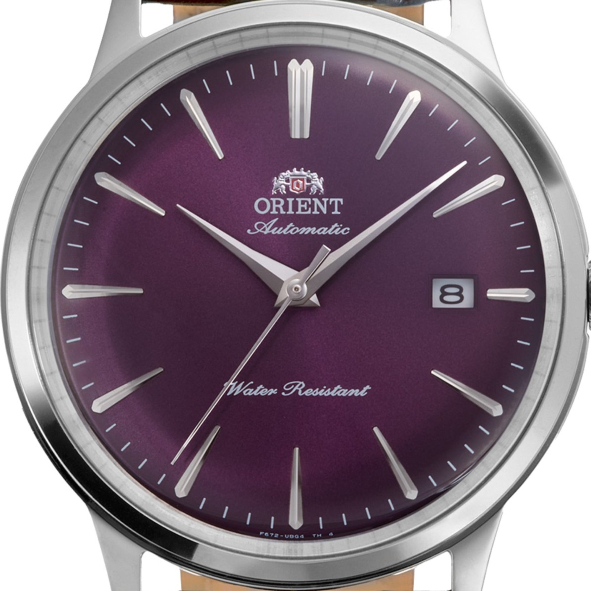 Orient Bambino 40.5mm RA-AC0032V30B purple dial with date display close-up