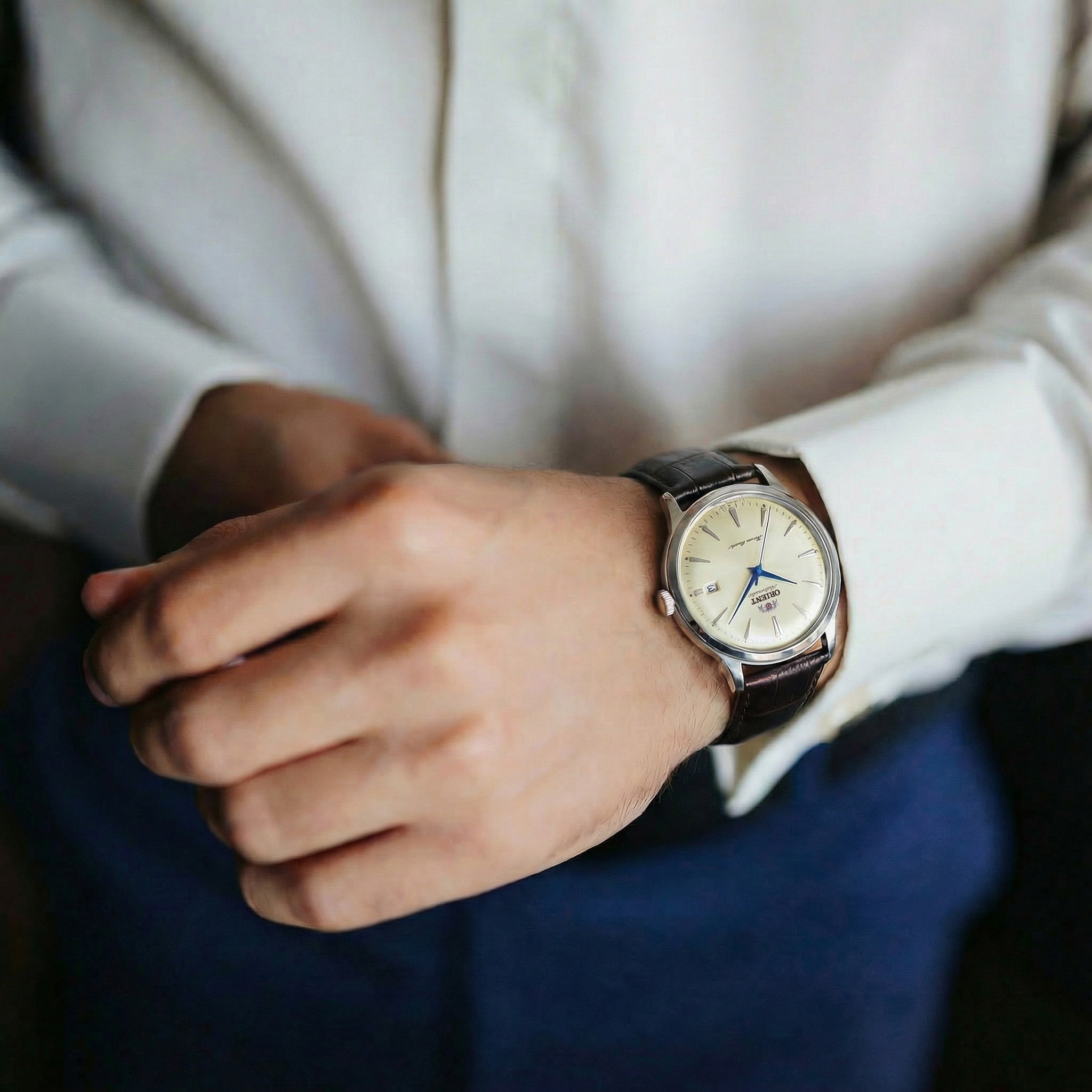 Orient Bambino Classic Vintage Style Ivory Dial Leather Strap Men's Dress Watch RA-AC0033Y30B