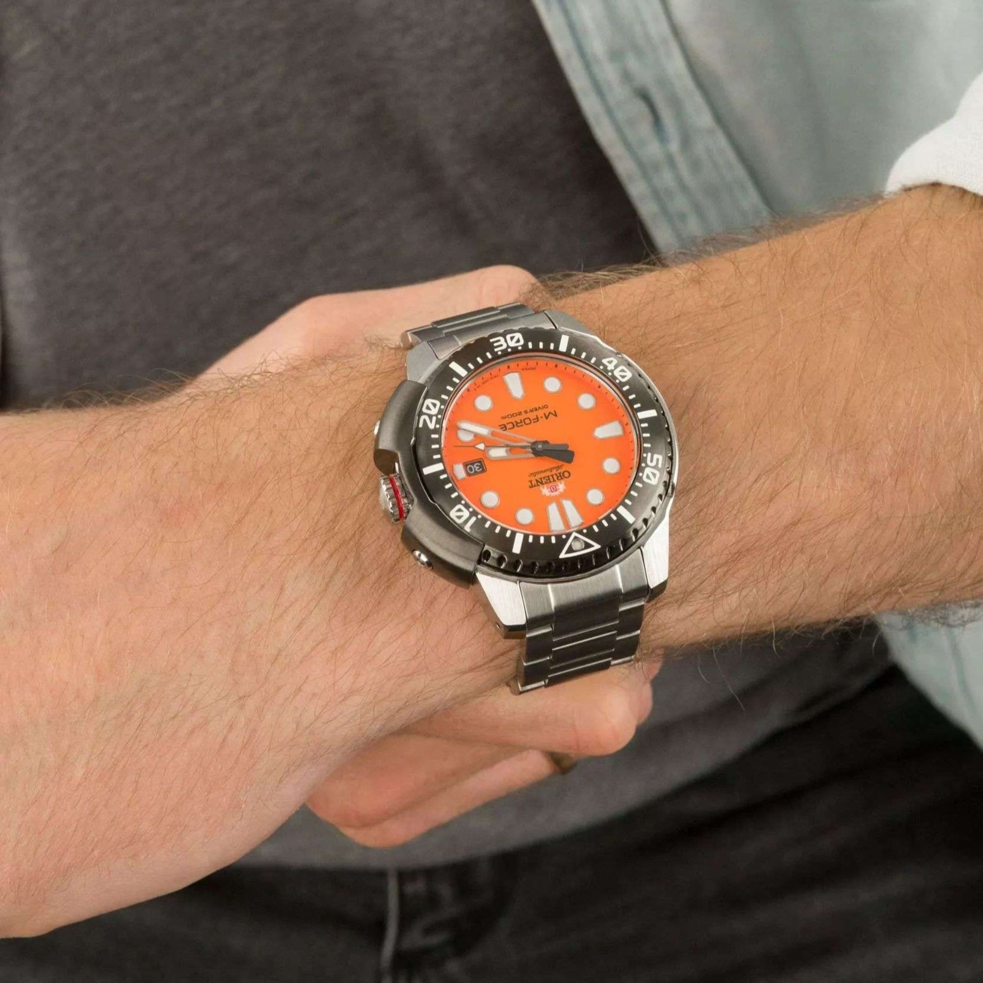 Orient M-Force Orange Dial Steel Bracelet Automatic Men’s Watch RA-AC0L08Y00B