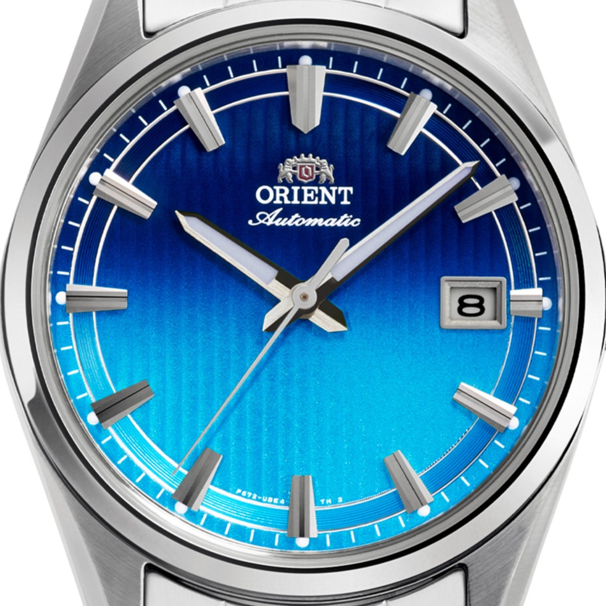Orient Stretto RA-AC0R09L30B blue sunburst dial with date display close-up