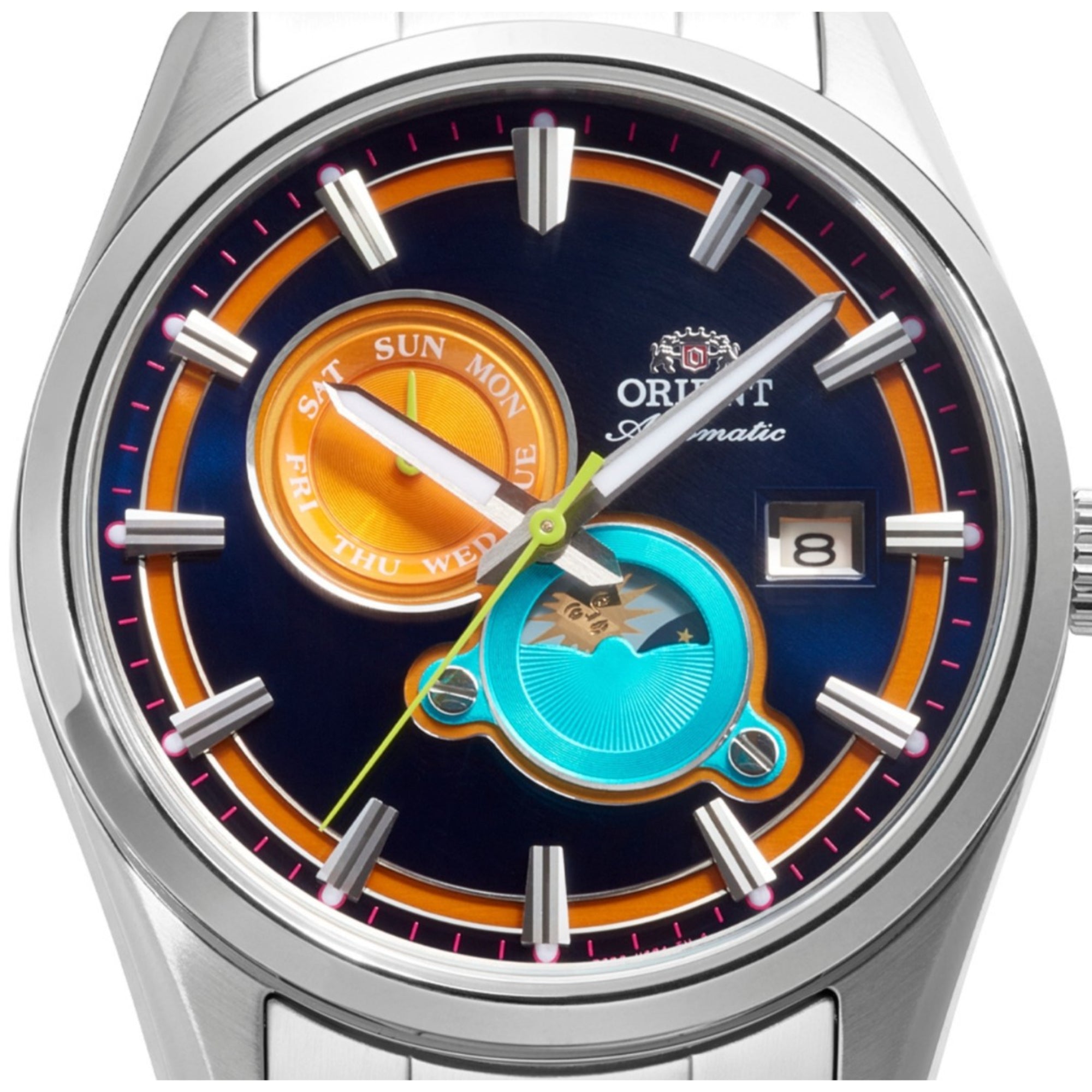 Orient Stretto RA-AK0316L30B day of week sub-dial and date window detail