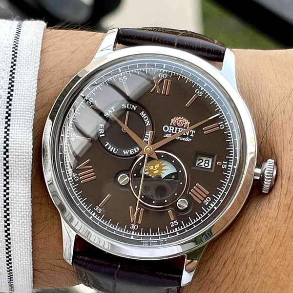 Orient Bambino Sun & Moon Automatic Brown Dial Leather Strap Men's Watch RA-AK0804Y30B