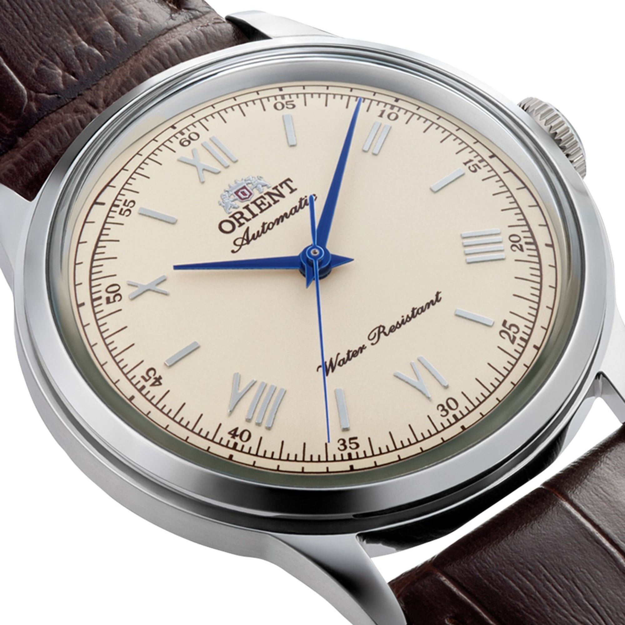 Orient Bambino 38mm RA-BB0003Y30B domed crystal and case side profile close-up