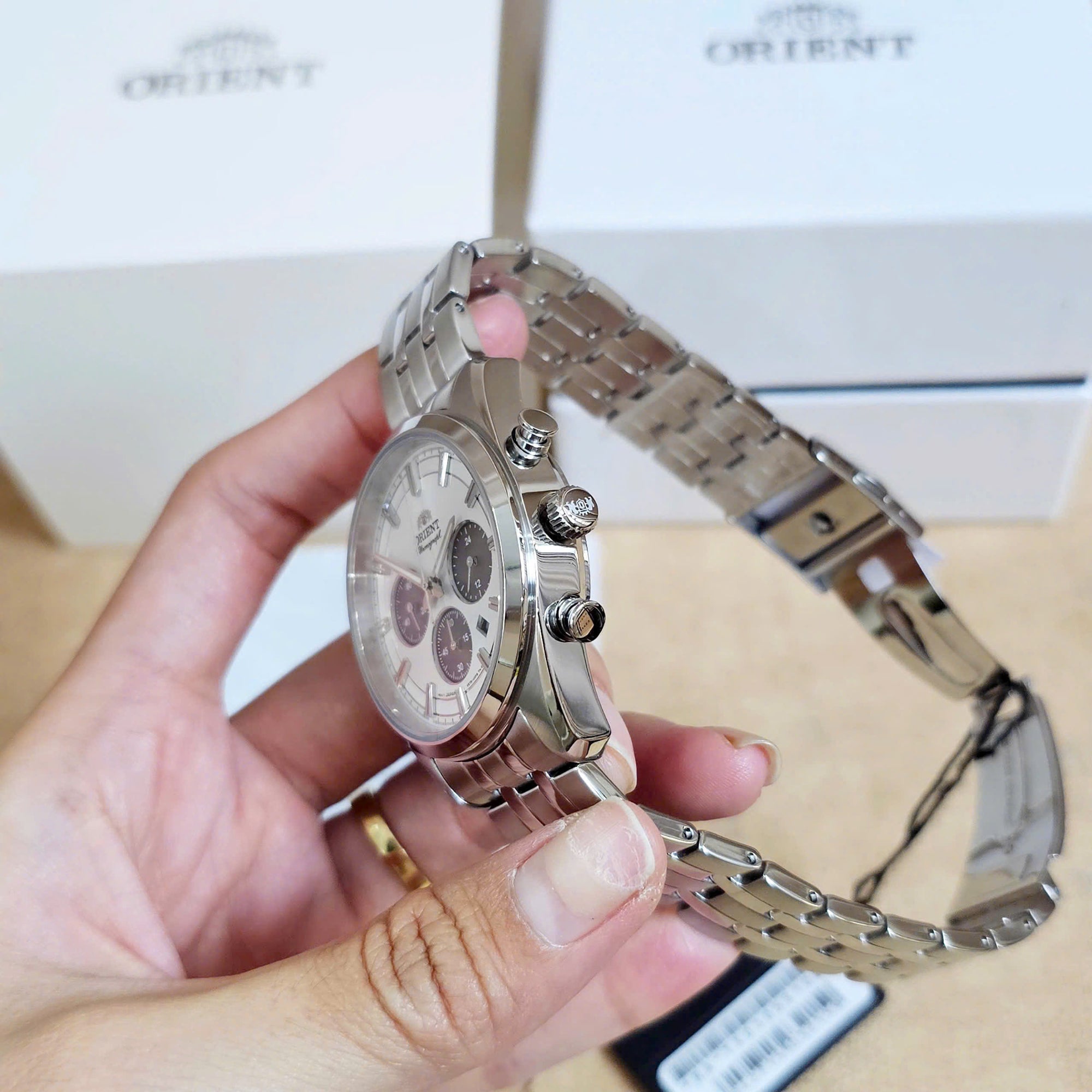 Orient Contemporary Stretto Date Solar Chronograph White Dial Steel Strap Men’s Watch RA-TX0305S10B