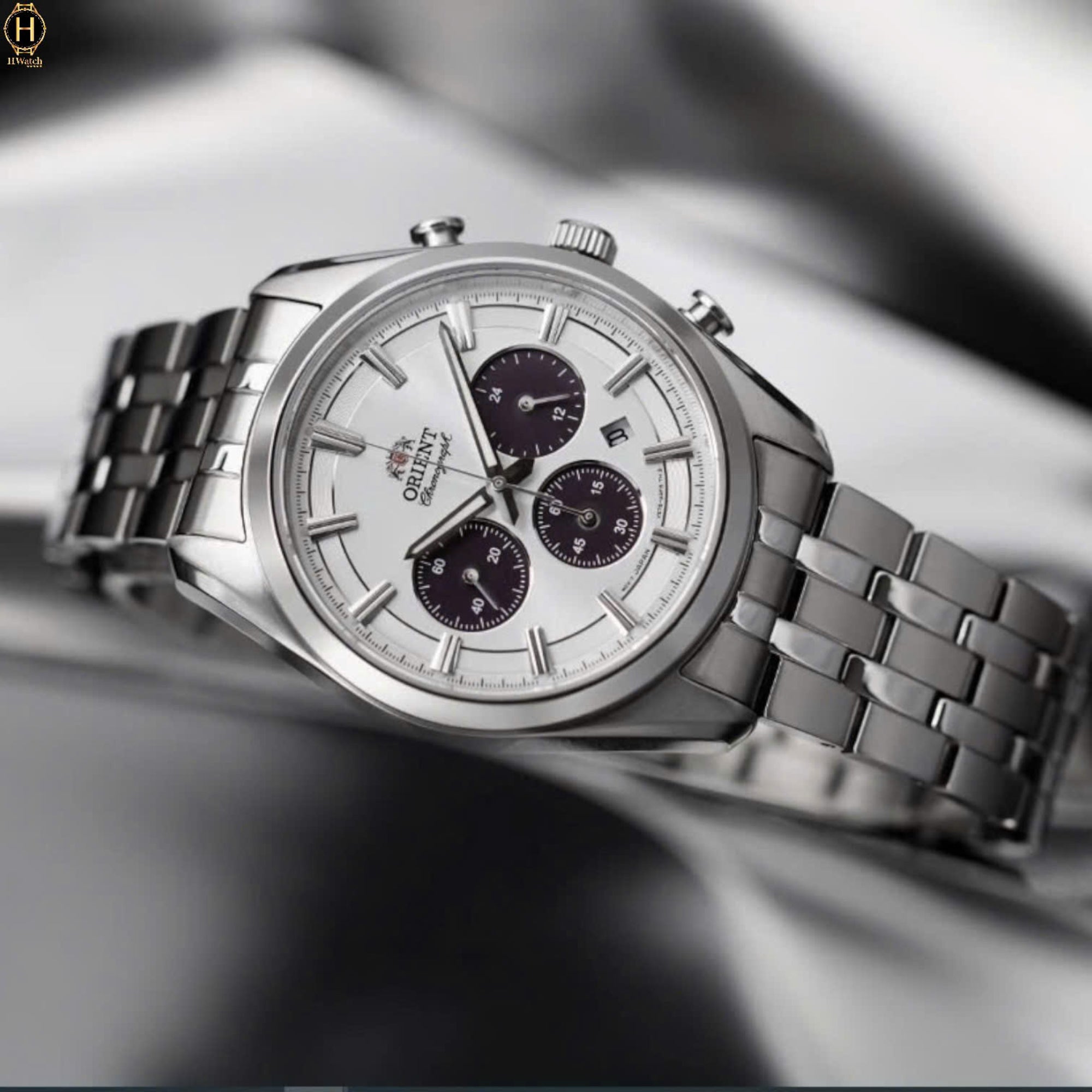 Orient Contemporary Stretto Date Solar Chronograph White Dial Steel Strap Men’s Watch RA-TX0305S10B