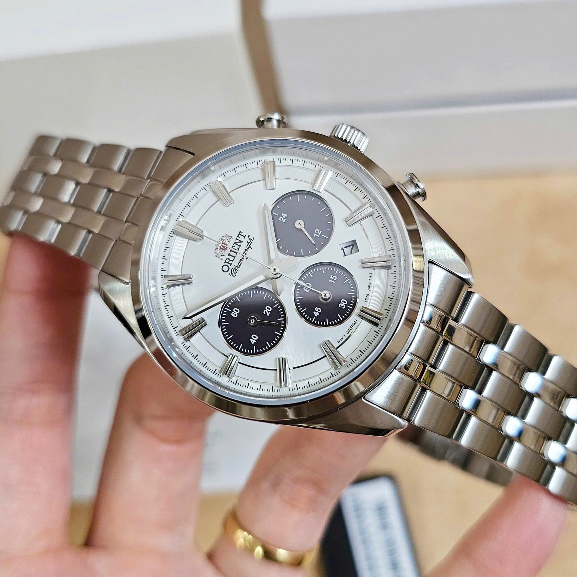 Orient Contemporary Stretto Date Solar Chronograph White Dial Steel Strap Men’s Watch RA-TX0305S10B