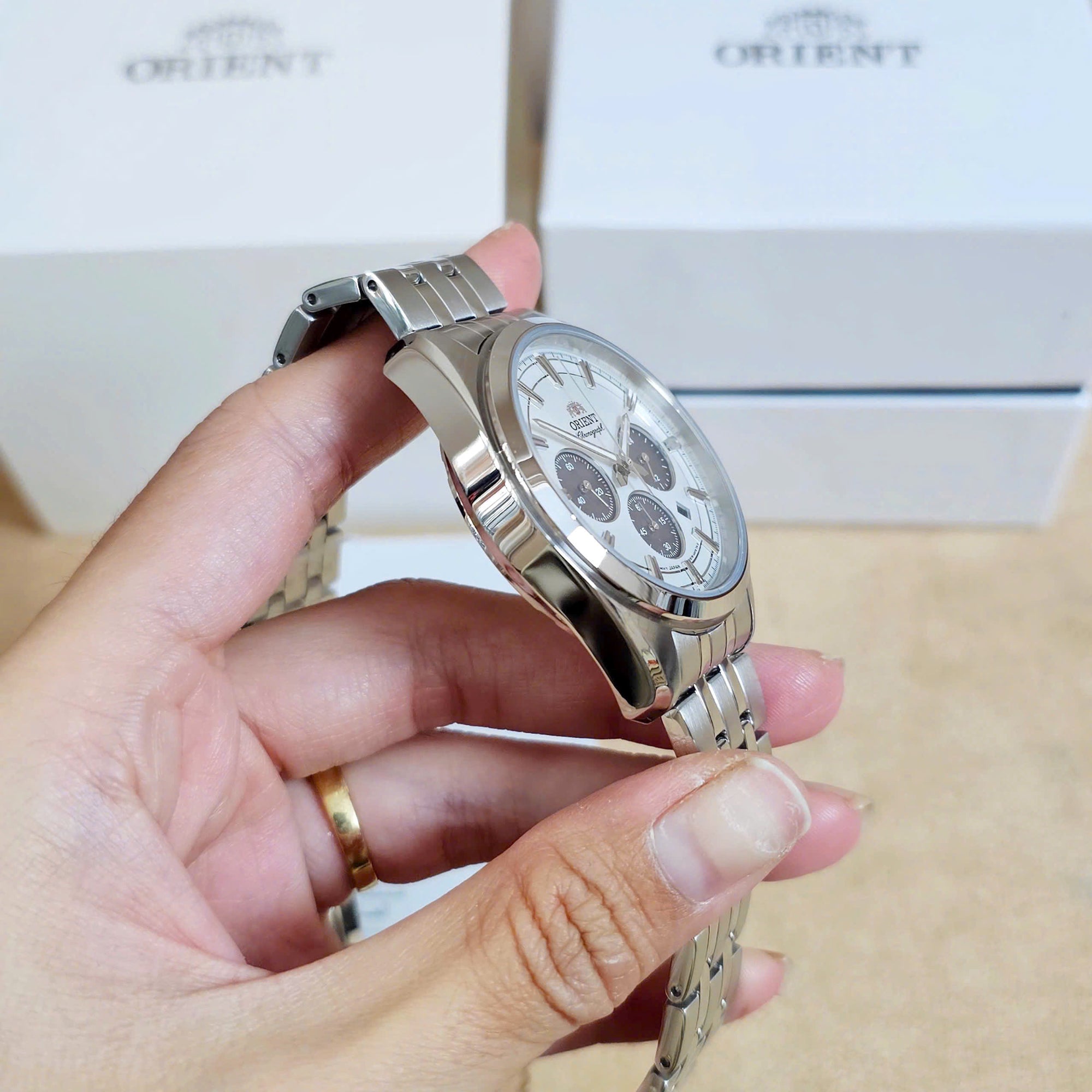 Orient Contemporary Stretto Date Solar Chronograph White Dial Steel Strap Men’s Watch RA-TX0305S10B