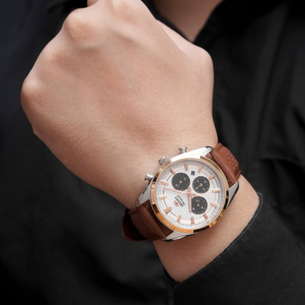 Orient Contemporary Stretto Date Solar Chronograph White Dial Brown Leather Strap Men’s Watch RA-TX0306S10B